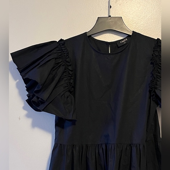 Chepé Made In Italy Black 100% Poplin Cotton Puff Sleeve Black Midi Dress Sz XS - Picture 7 of 14